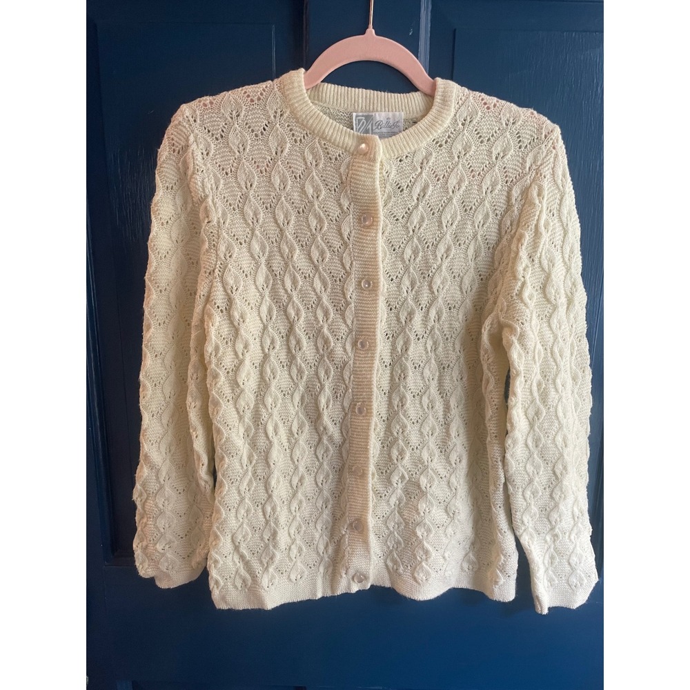 Vintage Pointelle Knit Cardigan Sweater Billie Jo Cream Made in USA